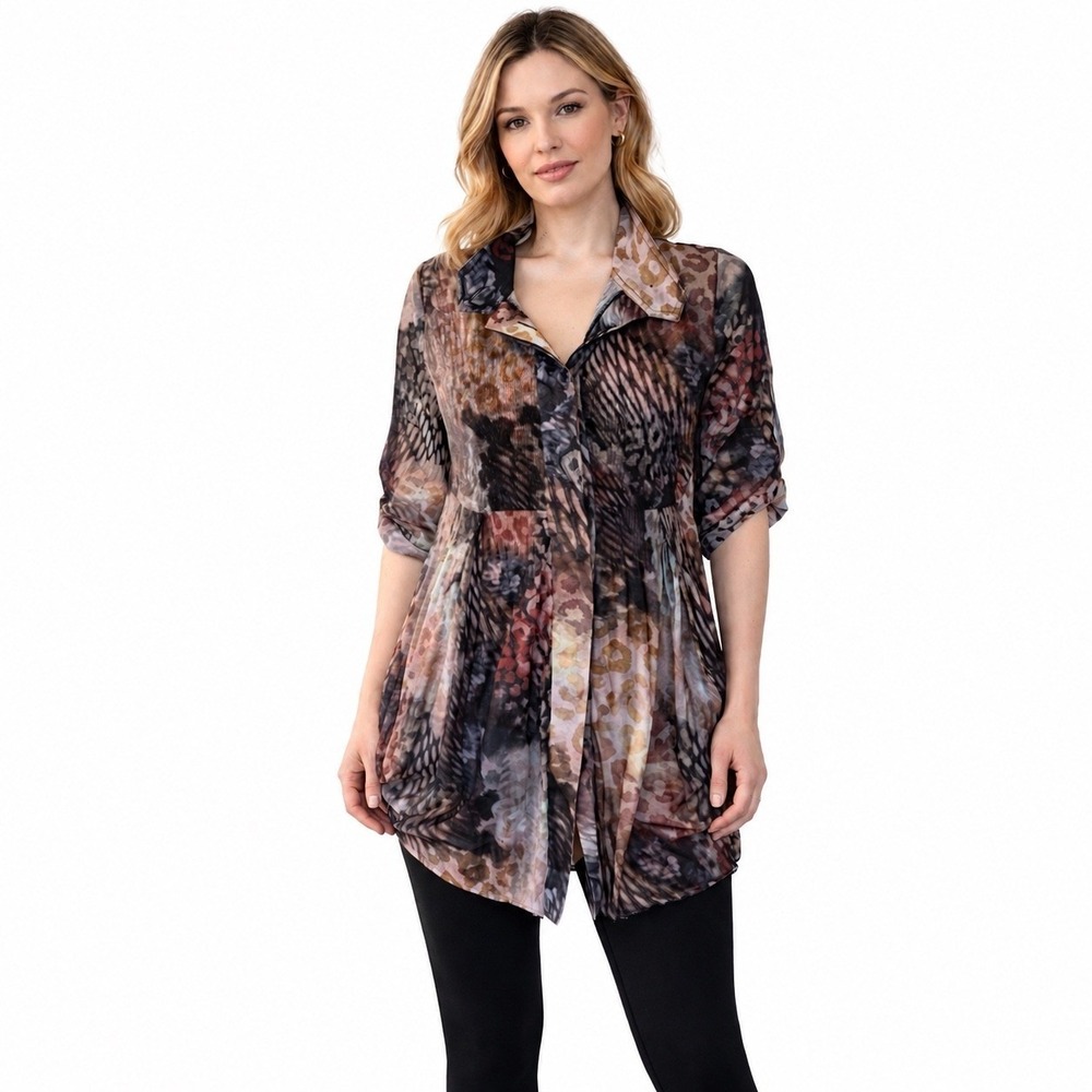 Elena Wang Sheer Abstract Print Tunic Dress Boho Lagen Look Mandarin Collar sz M